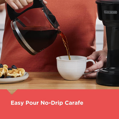 BLACK+DECKER 12-Cup Coffee Maker with Easy On/Off Switch, Easy Pour, Non-Drip Carafe with Removable Filter Basket, Black - Available at All In One Marketplace Canada