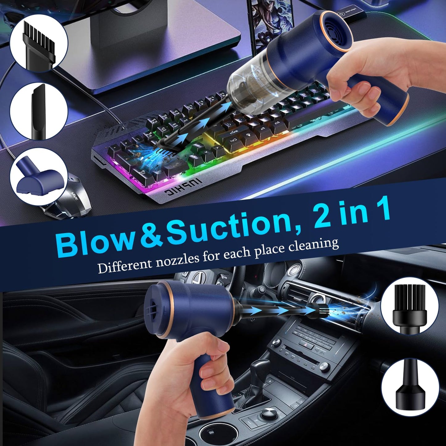 KMM Handheld Car Vacuum Cleaner, 19000Pa Vacuum Cleaner and Air Duster, 120W High Power Hand Held Vacuum with LED Light and Multi-Nozzles for Car, Home, Office, Pet Medium - Available at All In One Marketplace Canada