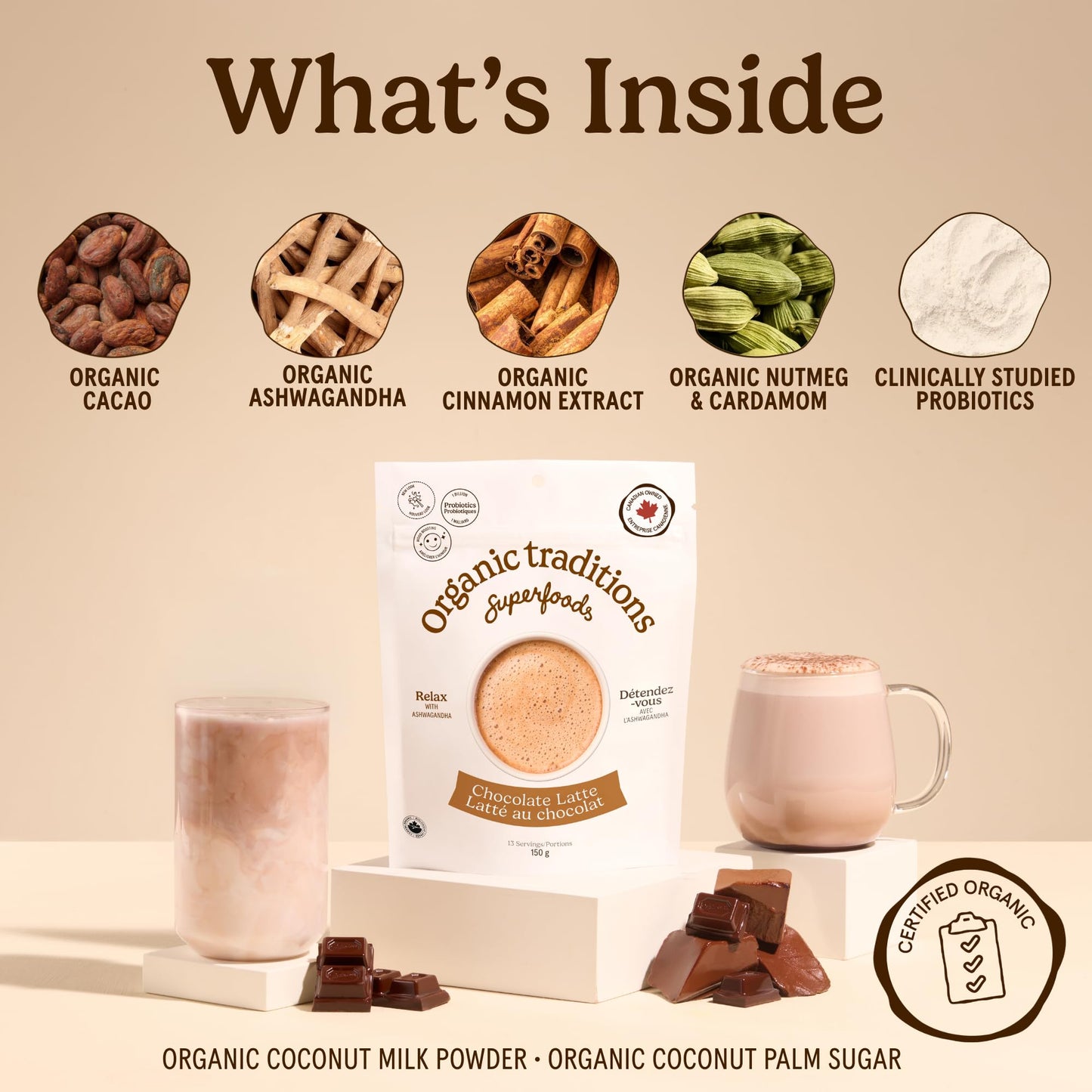 Organic Traditions Superfood Chocolate Latte Powder, Instant Blend, 5.3oz 🍁 All In One Marketplace Canada