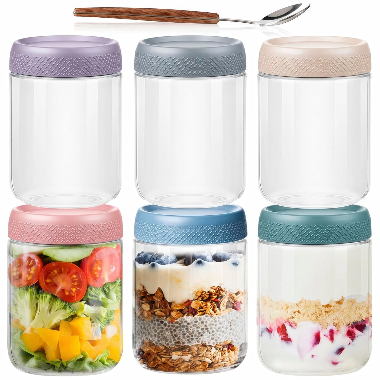 16 OZ Overnight Oats Jar,6 Pack Glass Jar with Lid and Spoon,Reusable Wide Mouth Mason jars for Overnight Oats,Yogurt Snacks Fruit, Salad Dressing, Sauce,Cereal-Leak Proof(500 ml) - Available at All In One Marketplace Canada