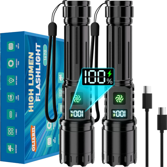 Rechargeable Flashlight 2 Pack, 990000 High Lumens LED Flash Light, Brightest Zoomable Lampe with LCD Digital Display, 5Modes Super Bright Flashlights, Powerful Tactical Flashlight for Outdoor, Gift - Available at All In One Marketplace Canada