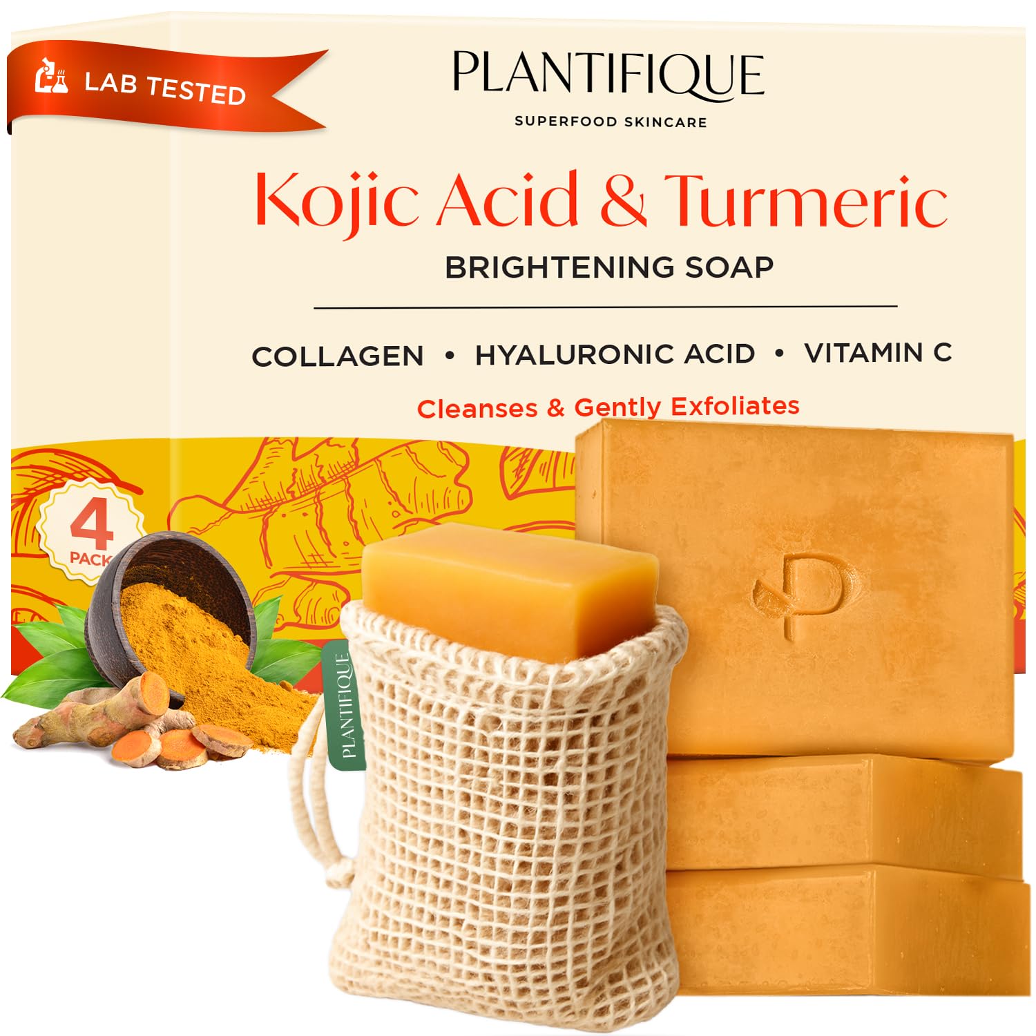 PLANTIFIQUE Turmeric & Kojic Acid Soap for Hyperpigmentation, Lab Tested - 4 Bars with Mesh Net - Face & Body Wash with Hyaluronic Acid, Collagen, Vitamin C - 320g / 11.28 oz