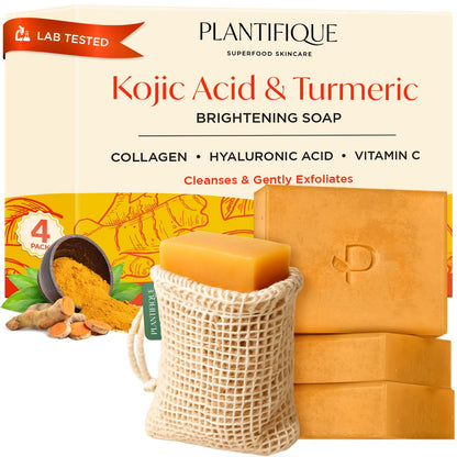 PLANTIFIQUE Turmeric & Kojic Acid Soap for Hyperpigmentation, Lab Tested - 4 Bars with Mesh Net - Face & Body Wash with Hyaluronic Acid, Collagen, Vitamin C - 320g / 11.28 oz