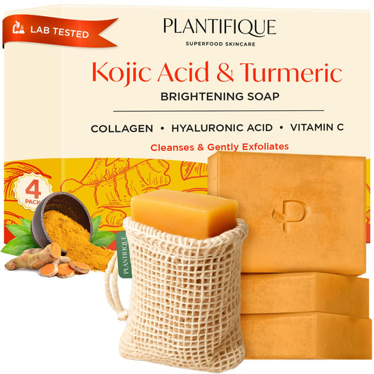 PLANTIFIQUE Turmeric & Kojic Acid Soap for Hyperpigmentation, Lab Tested - 4 Bars with Mesh Net - Face & Body Wash with Hyaluronic Acid, Collagen, Vitamin C - 320g / 11.28 oz