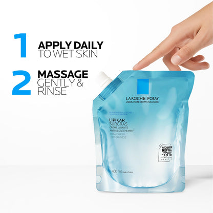 La Roche-Posay Body Wash Refill, Lipikar Surgras Body Soap, Moisturizing Anti-Dryness Shower Cream for Dry Skin with Niacinamide, Paraben-Free, Suitable for Children & Adults, Refillable Format, 400ML