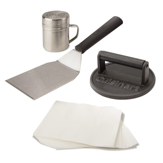Cuisinart Smash Burger Kit with Cast Iron Burger Press, Spatula, Seasoning Shaker and Patty Papers (CSBK-400C) - Available at All In One Marketplace Canada