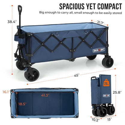 Overmont 300L Foldable Collapsible Wagon - Heavy Duty Utility Beach Wagon Cart with Rotatable Wide Wheels Inside Pockets for Camping Garden Shopping Sports - 440lbs Load OVERMONT