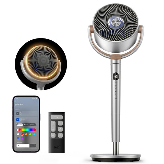 DREO Smart Fans for Bedroom, 120° +120° Omni-Directional Oscillating Fan, 90ft Quiet Pedestal Fan with RGB Light, 9 Speeds, 6 Modes, 20dB, 8H Timer, Wi-Fi/Voice, 37-42" Floor Fans with Remote, Silver