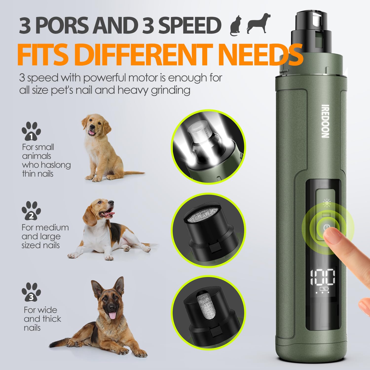IREDOON Dog Nail Grinder Upgraded - Professional 3-Speed Super Quiet and Low Vibration Electric Pet Nail Grinder with 4 LED Lights - Painless Paws Grooming & Smoothing for Small to Large Dogs (Green)