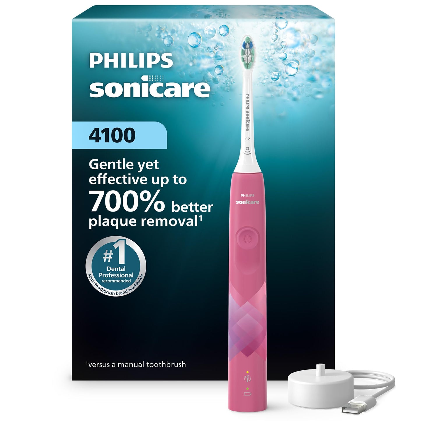 Philips Sonicare 4100 Electric Toothbrush, Sonic Toothbrush with Two Intensity Levels, Pressure Sensor and Timer, Paradise Pink Prismatic, Model HX3689/21