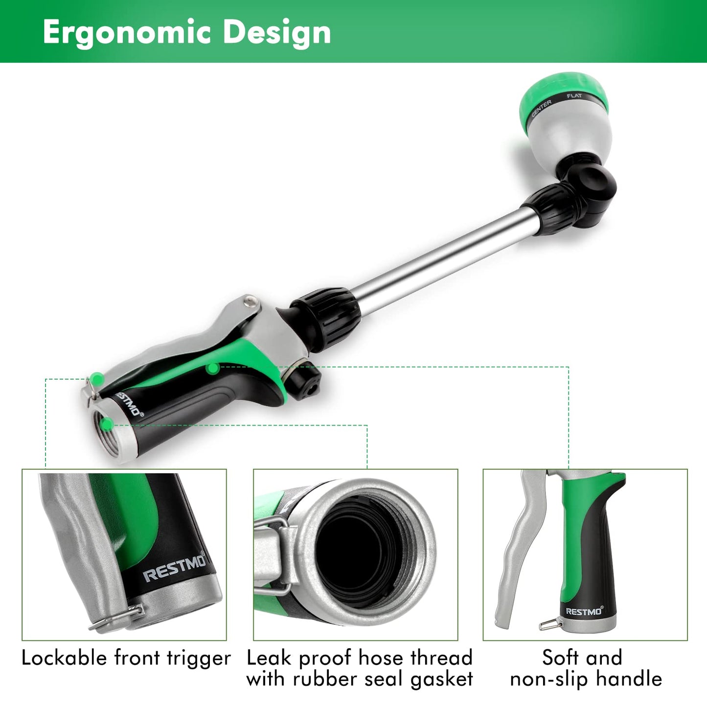 RESTMO Metal Watering Wand, Heavy Duty Garden Hose Wand with 180° Swivel Ratcheting Head, 16-Inch Hose Nozzle Sprayer with 7 Spray Patterns and Flow Control, Ideal to Water Hanging Baskets and Shrubs - Available at All In One Marketplace Canada