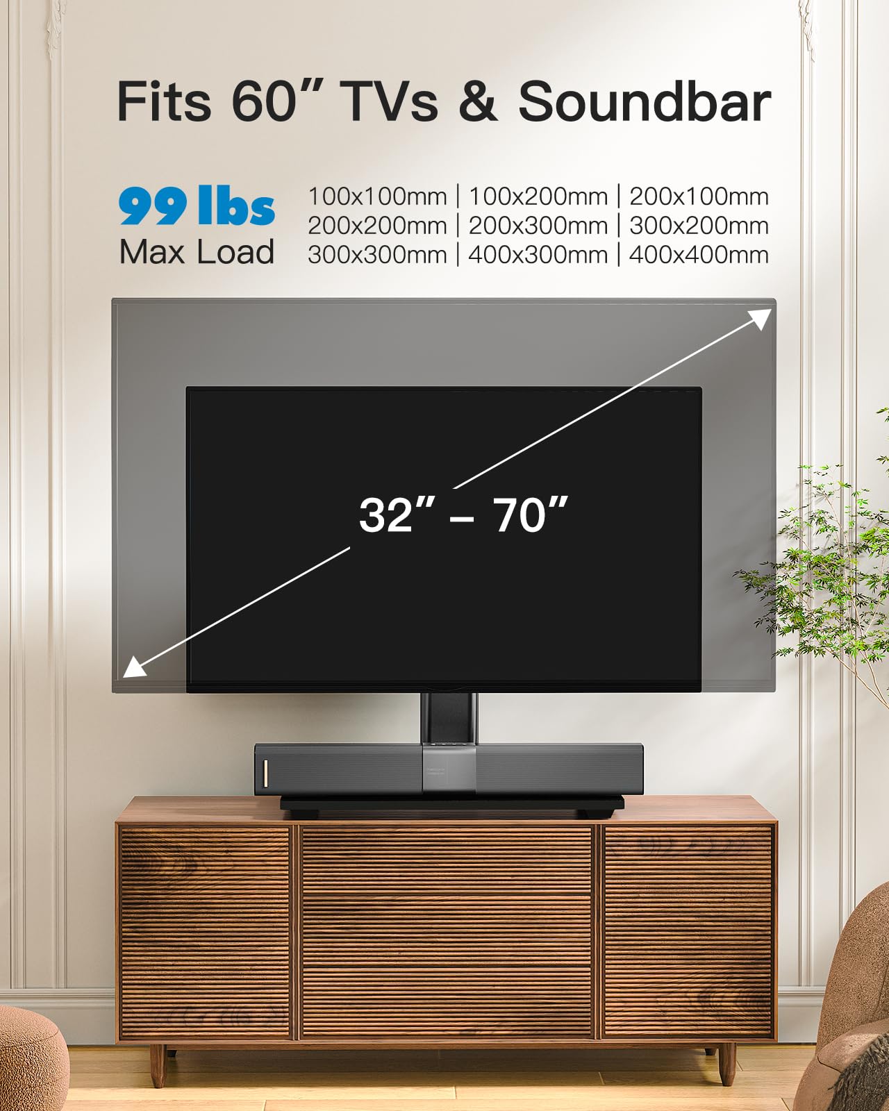 PERLESMITH Universal TV Stand Legs for 32-70 inch TVs, Table Top TV Stand up to 99 lbs, Height Adjustable Television TV Mount, Universal TV Base for Livingroom & Bedroom, VESA 400x400mm PSTVS04