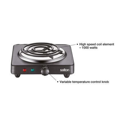 Salton Single Coil Portable Electric Cooktop | 1000 Watts | Lightweight & Compact | Variable Temperature Control | Perfect for Dorms, Offices, Camping | Black | 100% Canadian-owned & operated - Available at All In One Marketplace Canada
