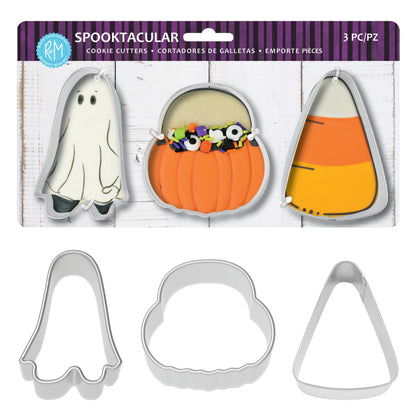 Ensemble de 3 emporte-pièces Halloween R&M en acier inoxydable – Inclut un fantôme, un seau à citrouille et un bonbon maïs