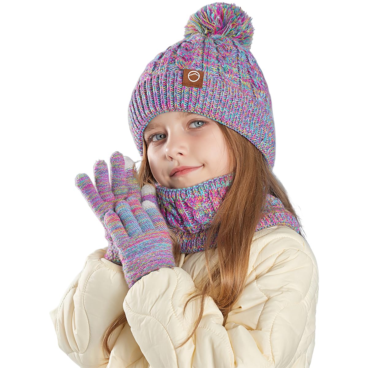 KIRAAT Kids Winter Pom Beanie Hat Scarf Gloves Set,Toddler Girls Boys Warm Knitted Fleece Lining Slouchy Cap for 3-10 Years Rainbow 🍁 All In One Marketplace Canada