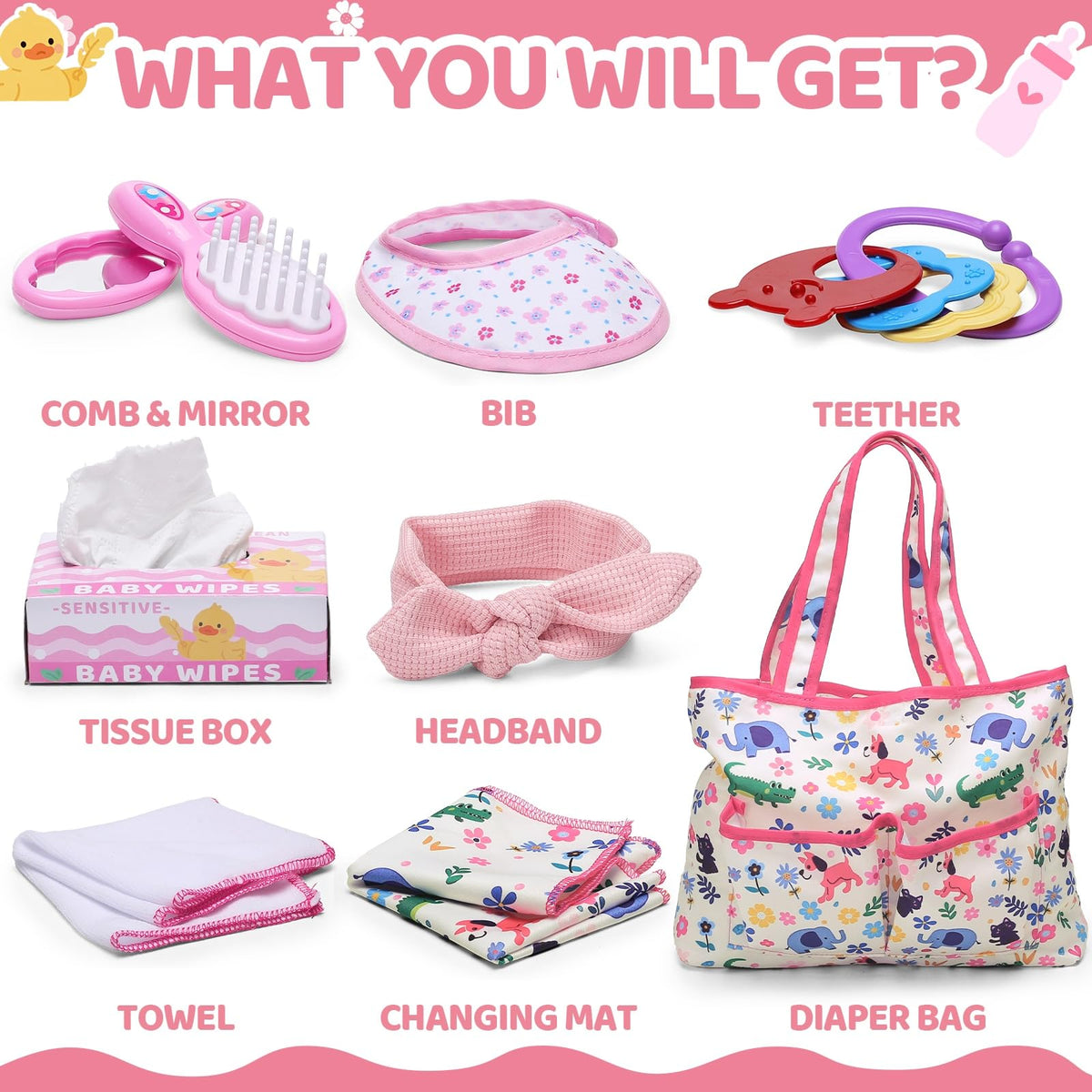 Baby Doll Accessories Set in Gift Box, 16 Pack Baby Doll Feeding Caring Kit with Pacifiers & Diaper Bag & Magic Bottles, Birthday / Christmas Party Goody Bag Stuffer, Toddler Kid Girl Pretend Play Toy 🍁 All In One Marketplace Canada
