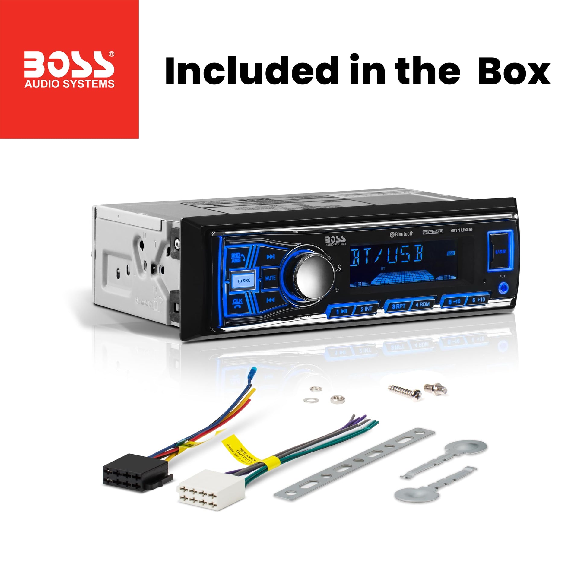 BOSS Audio Systems 611UAB Car Stereo - Single Din, Bluetooth, No CD DVD Player, AM/FM Radio Receiver, Aux Input, USB - Available at All In One Marketplace Canada