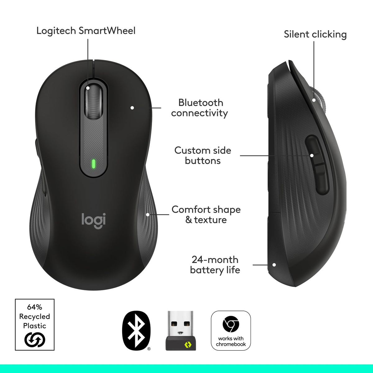 Logitech Signature M650 Wireless Mouse Small to Medium Sized Hands - Black