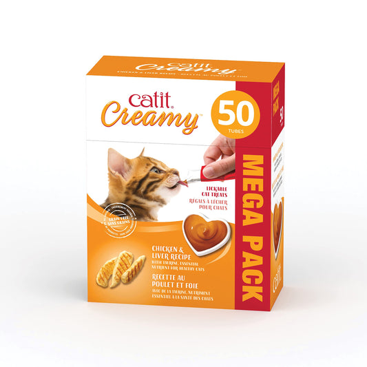 Catit Creamy Cat Treats Lickable, Chicken & Liver Flavor, 50 tubes, Mega Pack, Hand-Fed Lickable Cat Treats, Healthy & Hydrating, Made With Fresh Ingredients, Gaterie Pour Chat
