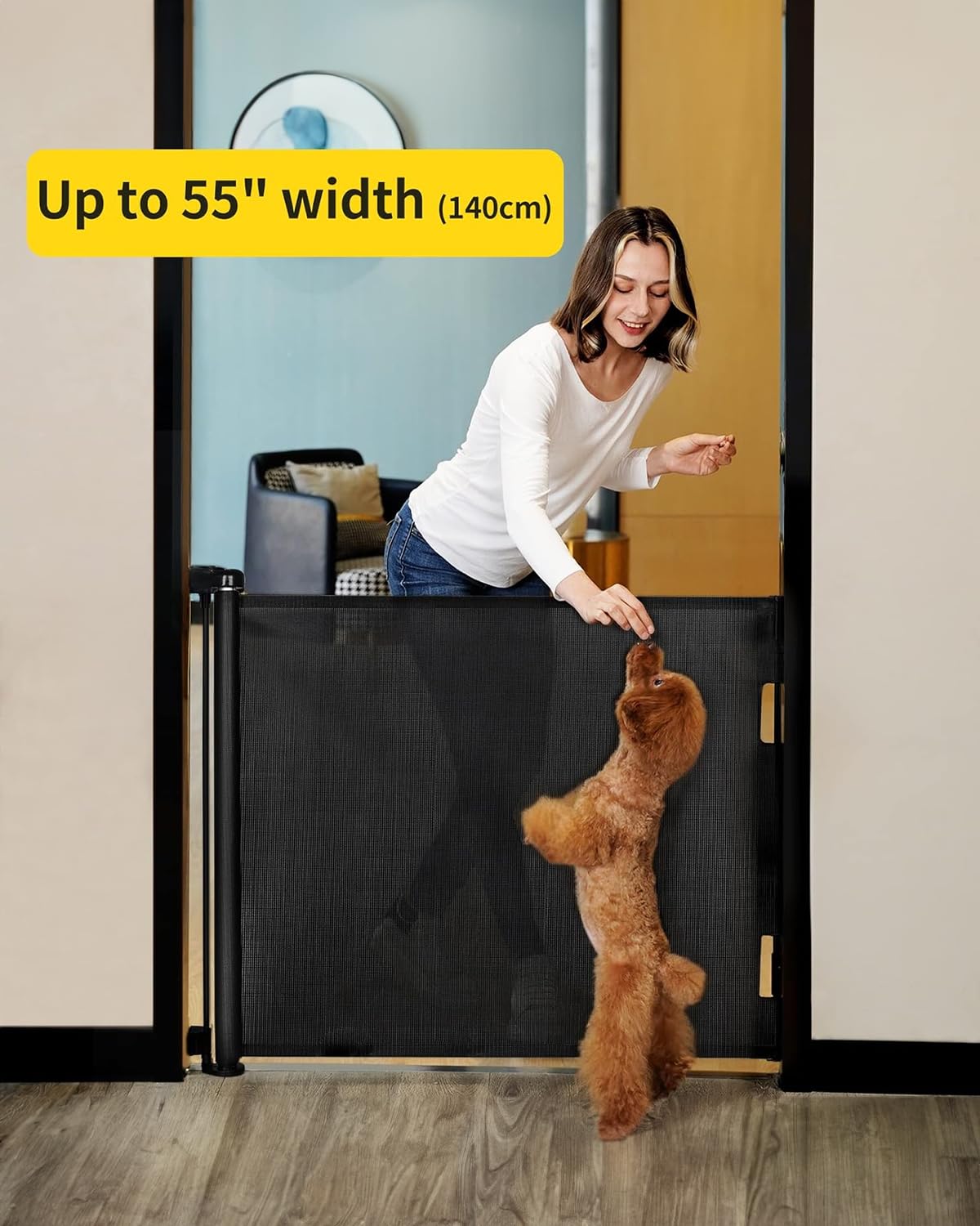 Retractable Baby Gates for Stairs, 55 Wide Mesh Dog Gate for Doorways, 33.6" Tall Easy to Use Pet Fence for The House, Toddler Safety Essentials Indoor&Outdoor, Black