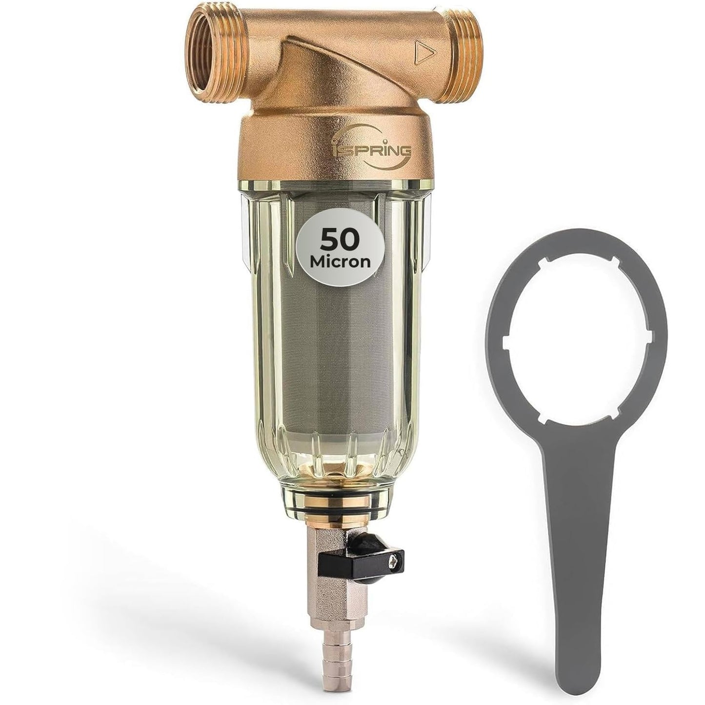 iSpring WSP-50 Reusable Whole House Spin Down Sediment Water Filter 50 Micron, 1" MNPT + 3/4" FNPT, Brass, Wrench included iSpring