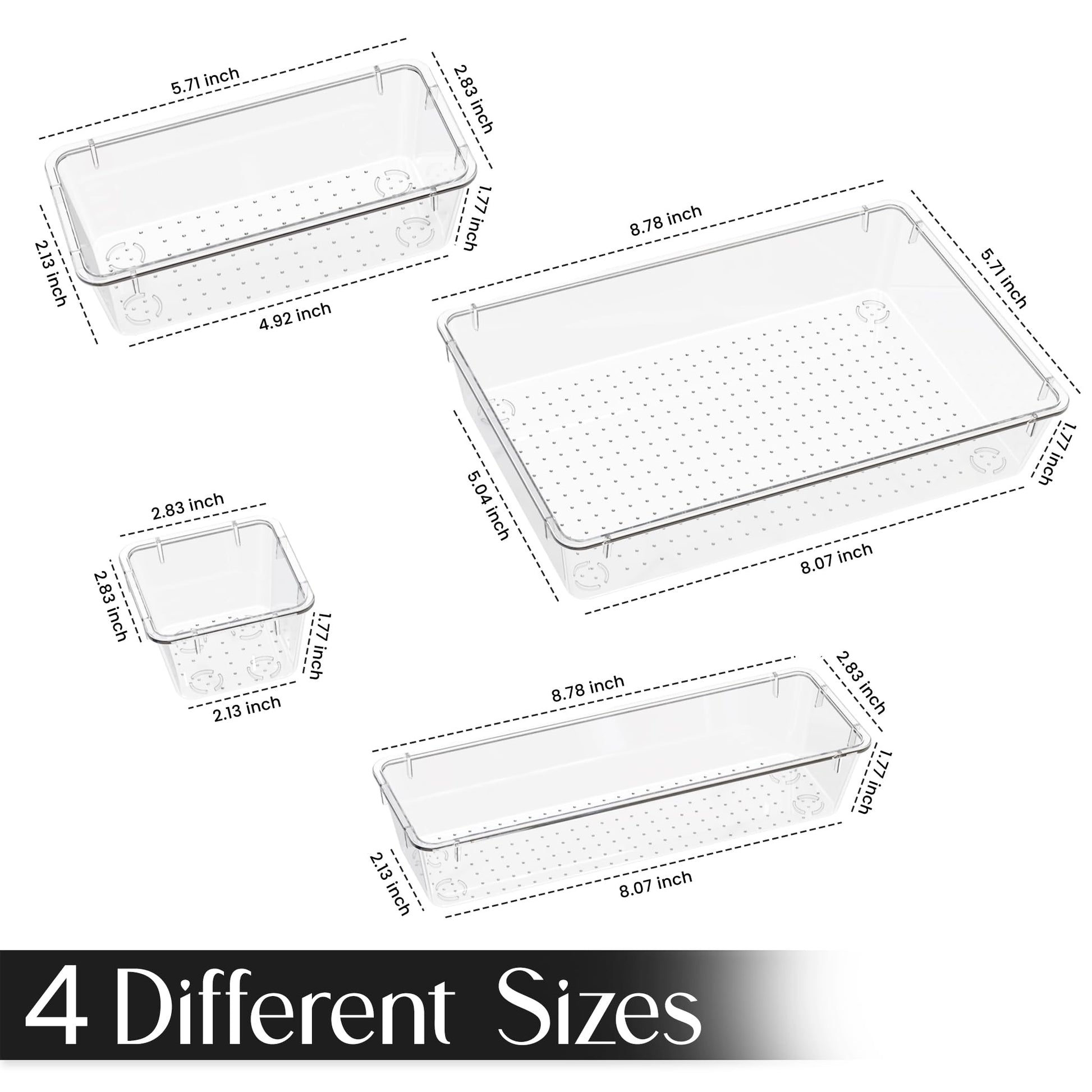 KICHLY 25 Pack Clear Plastic Desk Supplies Organizer, 4 Sizes Desk Drawer Organizer for Office Supplies, Vanity Organizers, Makeup, Gadgets, & Jewelry Storage Bins