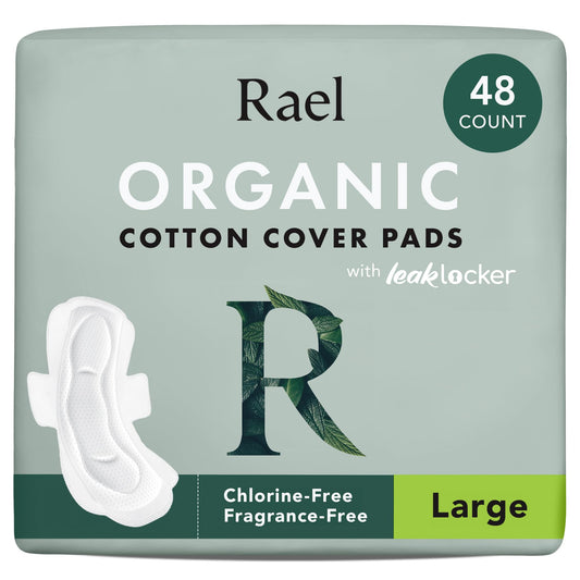 Rael Organic Cotton Cover Pads - Heavy Absorbency, Unscented, Ultra Thin Pads with Wings for Women (Large, 48 Count)