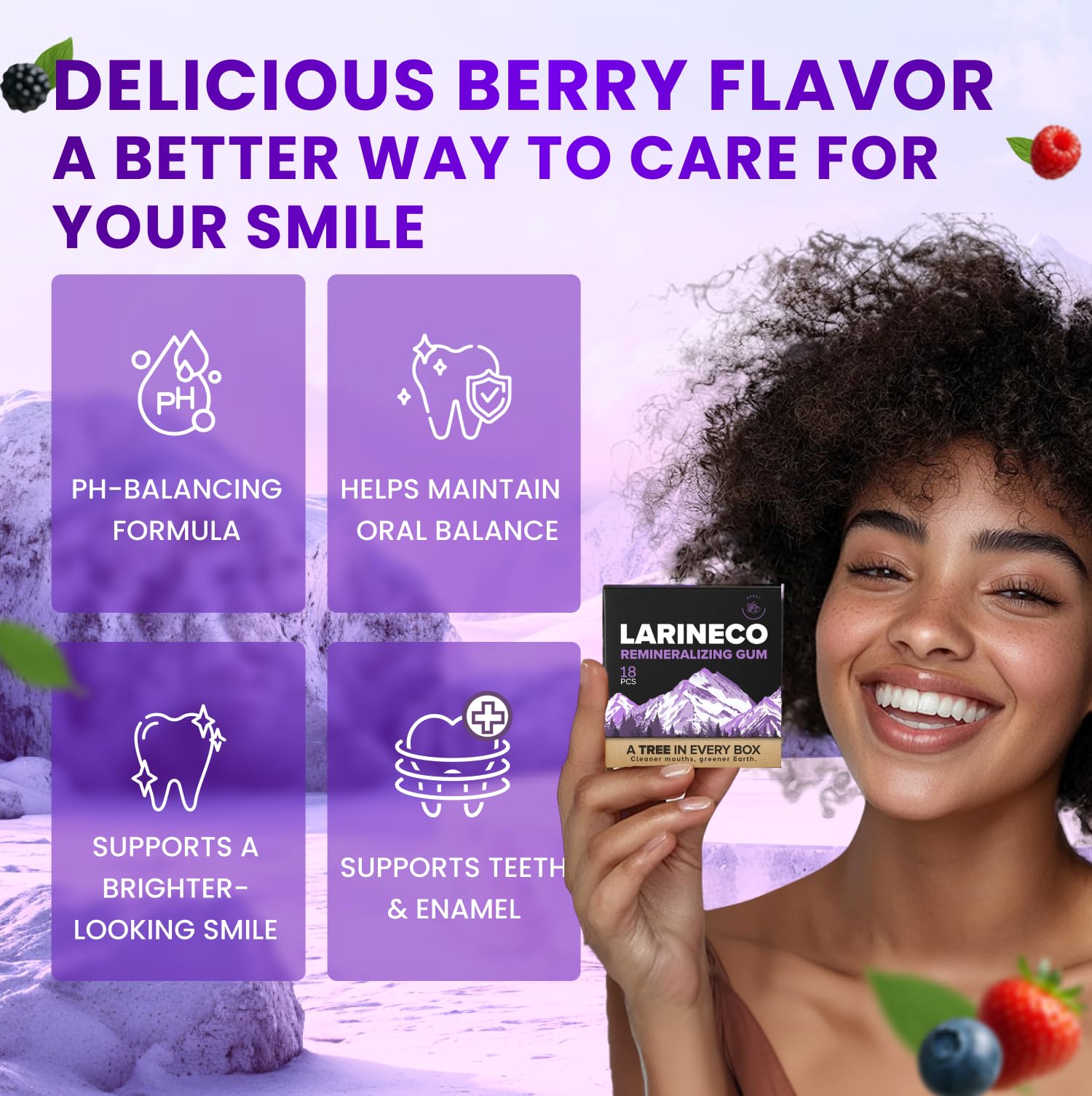 Larineco Remineralizing Gum with Nano Hydroxyapatite & Xylitol – Sugar-Free Berry Flavor – Plastic-Free, Dye-Free, Aspartame-Free – Natural Base – 36 Pieces (2 Pack)