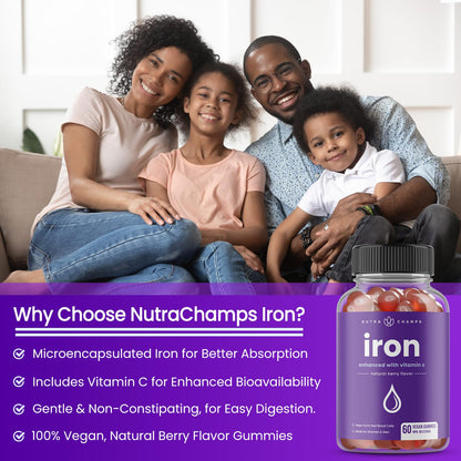Iron Gummies with Vitamin C | 10mg Iron Per Gummy | Iron Supplements for Women & Men | Vegan Gummies | Blood Cell Formation Support | Energy, Focus, Immune Support | Vegan & Non-GMO (1) - Available at All In One Marketplace Canada