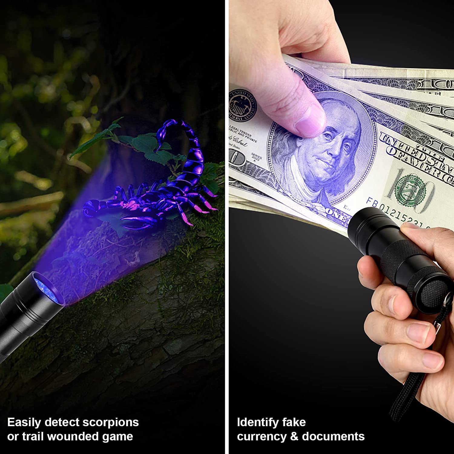 MegaPower (TM) UV Flashlight Black Light 12 LED 395nm Hand-held Detecting Torch for Pet Urine, Stains, Verifying Money Documents, Black - Available at All In One Marketplace Canada