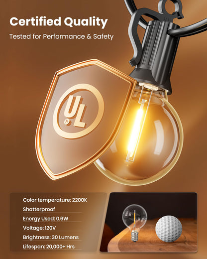 Outdoor String Lights 25 Feet G40 Globe LEDs Patio Lights with 13 Edison LED Bulbs(1 Spare), Waterproof Connectable Hanging Light for Backyard Porch Balcony Party Decor, E12 Socket Base, Black