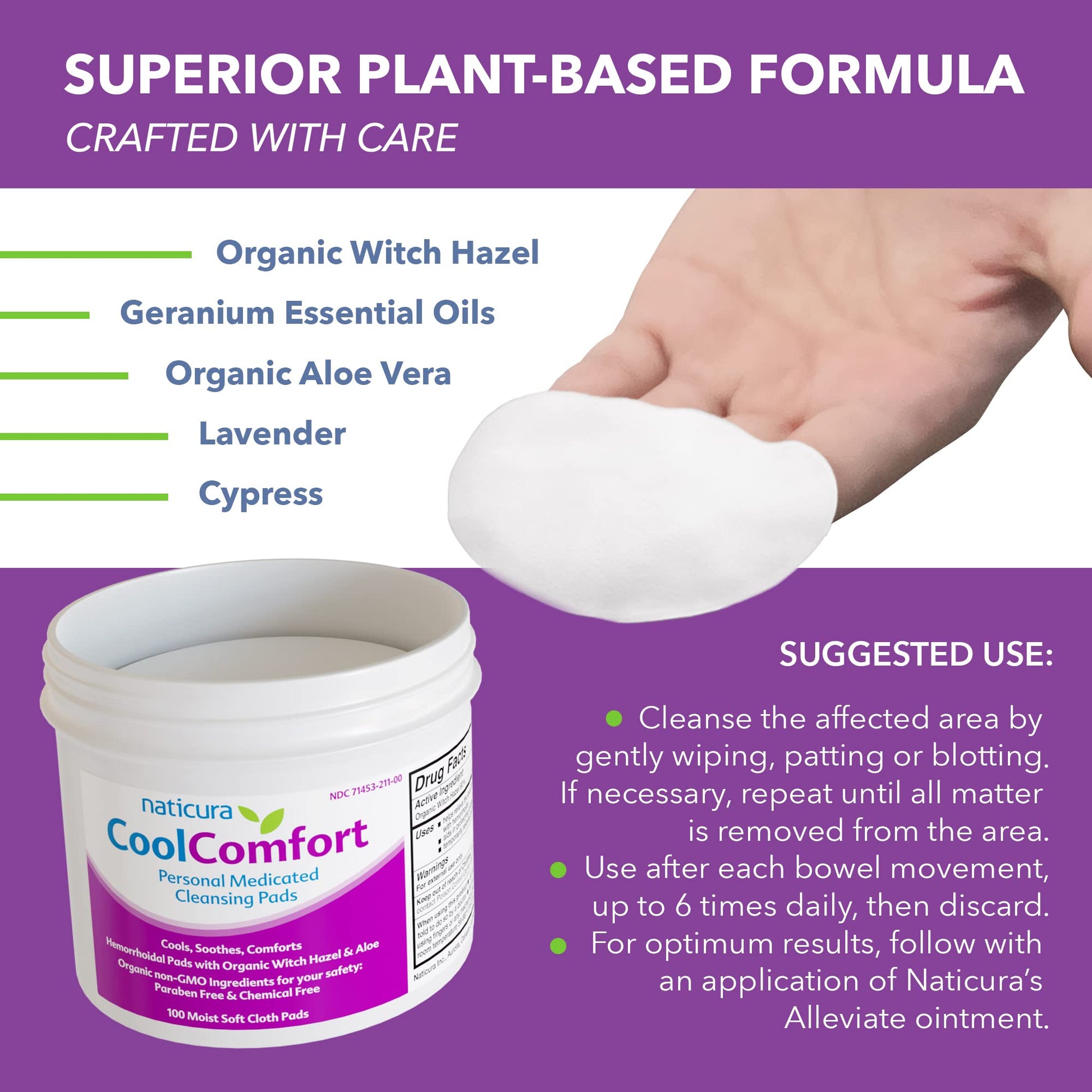 CoolComfort Personal Cleansing Pads with Organic Witch Hazel and Aloe Vera - All Natural and Fast Acting Wipes for Hemorrhoid Burning, Itching, Pain and Swelling - 100 Pads - No Parabens - Available at All In One Marketplace Canada