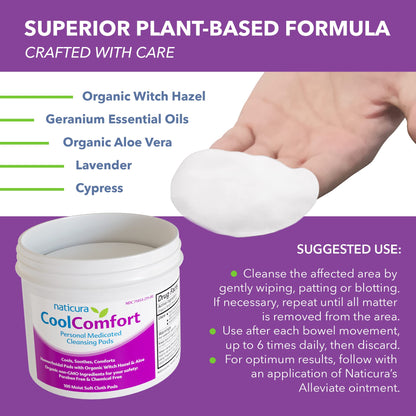 CoolComfort Personal Cleansing Pads with Organic Witch Hazel and Aloe Vera - All Natural and Fast Acting Wipes for Hemorrhoid Burning, Itching, Pain and Swelling - 100 Pads - No Parabens - Available at All In One Marketplace Canada