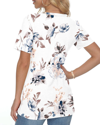 WNEEDU Womens Tops Summer T-Shirt Short Sleeve Crewneck Loose Fit Casual Basic Tee Tops 2026 New Floral White XL
