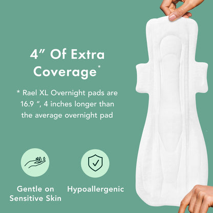 Rael Organic Cotton Overnight Pads with Wings - Heavy Absorbency, Extra Long, Unscented (24 Count)