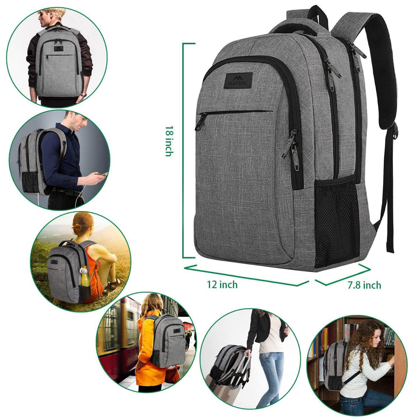 MATEIN Travel Laptop Backpack, Business Anti Theft Slim Sturdy Laptops Backpack, Water Resistant College School Computer Bag Gift for Men & Women Fits 15.6 Inch Notebook, Grey