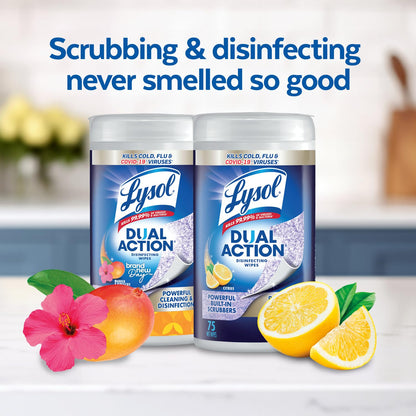 Lysol Dual Action Disinfecting Wipes, Scrubbing & Soft Texture, 6 X 75 ct