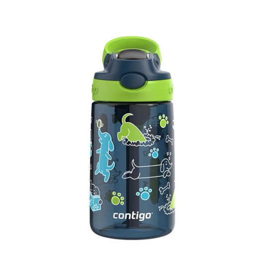 Contigo Kids Aubrey Straw Water Bottle with Leak-Proof Lid, BPA-Free Plastic, Dishwasher Safe, Lime with Dogs, 14 oz (414 mL)