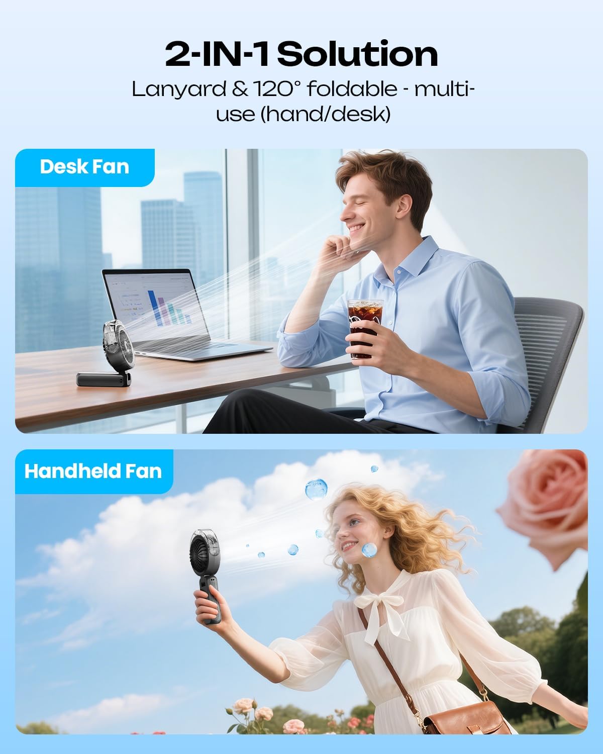 Otlonpe Handheld Misting Fan Portable, Powerful 4 High Speeds Rechargeable Small Hand Held Fan Water Mist, 4000mAh Battery Operated, Foldable, Lanyard, Personal Cooling for Travel (BLACK) - Available at All In One Marketplace Canada