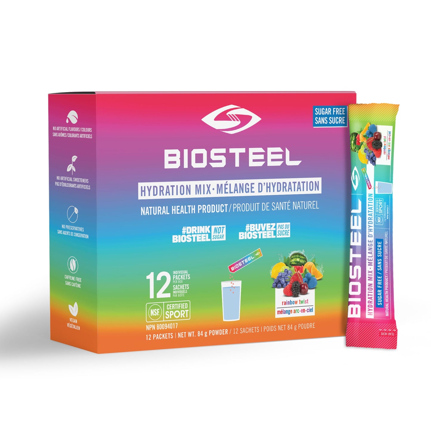 BioSteel Electrolyte Hydration Mix, Rainbow Twist, 12 Sticks, Zero Sugar BioSteel Sports