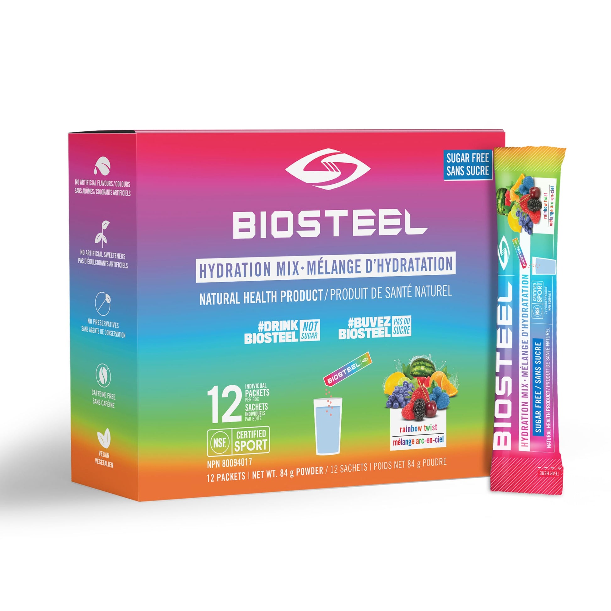 BioSteel Electrolyte Hydration Mix, Rainbow Twist, 12 Sticks, Zero Sugar BioSteel Sports