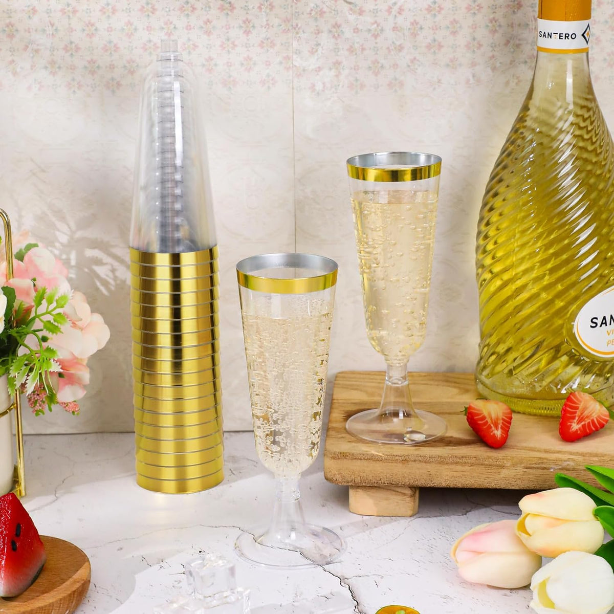 100 Pack 5oz Clear Disposable Plastic Champagne Flutes with Gold Rim 🍁 All In One Marketplace Canada