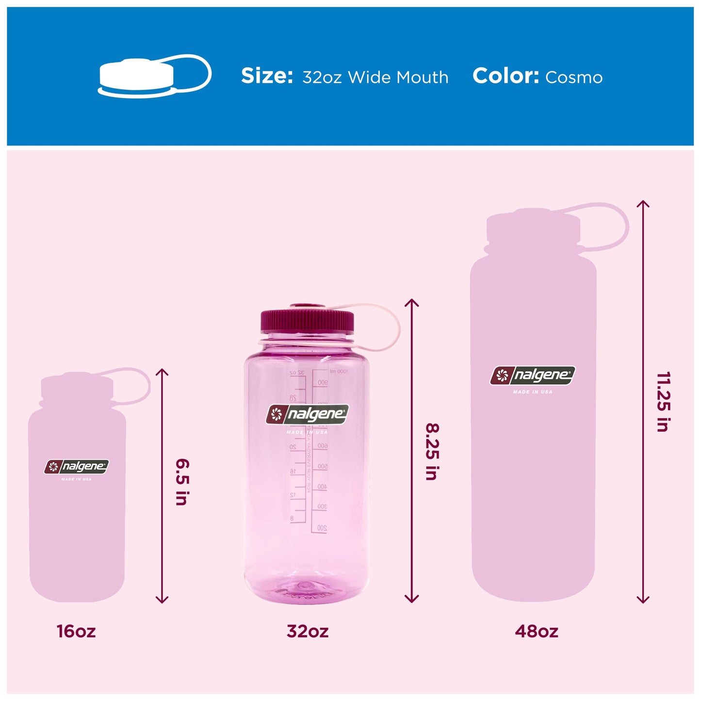 Nalgene 32 oz Wide Mouth Water Bottle, Cosmo w/Platinum