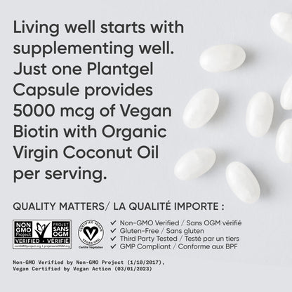 Sports Research® Extra Strength Vegan Biotin 5,000mcg with Organic Coconut Oil - Helps to Maintain Healthy Hair, Nails and Skin - Great for Women & Men - 120 Veggie Softgels - Available at All In One Marketplace Canada