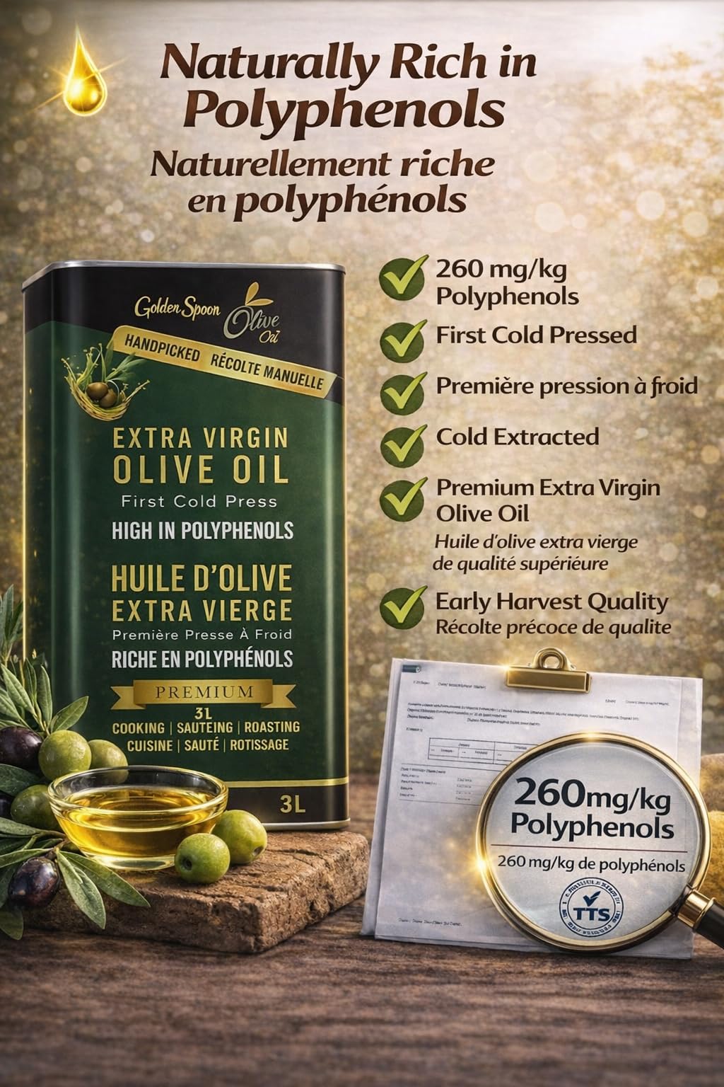 Golden Spoon Premium Extra Virgin Olive Oil 3L – Award-Winning Cold-Pressed Chemlali Variety, Low Acidity (0.18%), Polyphenol-Rich