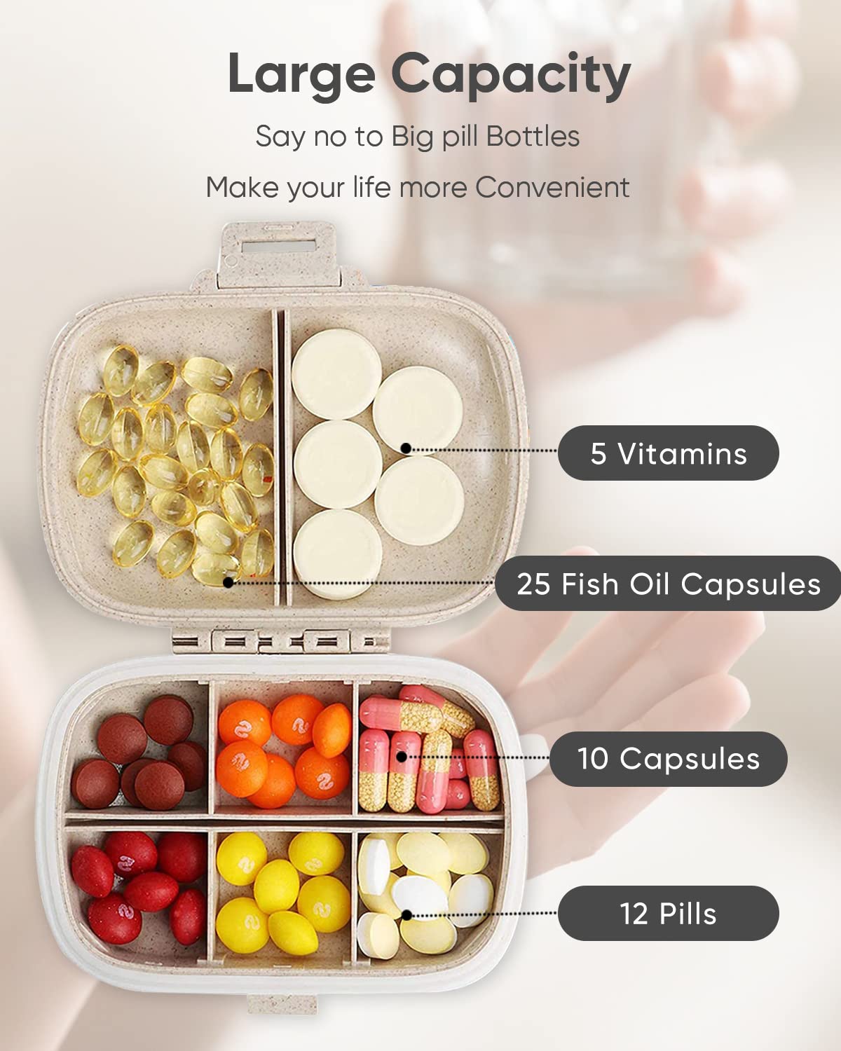 Holii Travel Pill Organizer, 8 Compartments Portable Pill Case, Daily Pill Box to Hold Vitamins, Small Pill Container for Pocket Purse Medicine Organizer（Khaki） - Available at All In One Marketplace Canada