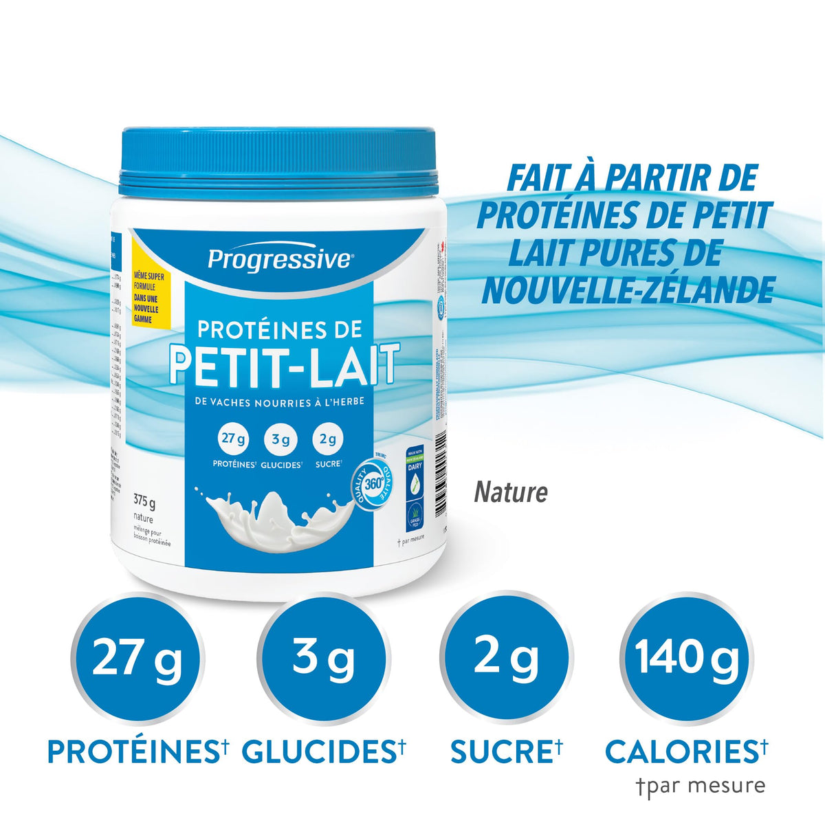 Progressive Grass-Fed 100% Whey Protein Powder Unflavoured, 27g of New Zealand Whey Concentrate per Scoop for Muscle Gain, Pasture-Raised, Non-GMO, Canadian-Made Antibiotic-free, Hormone-free, 375 g