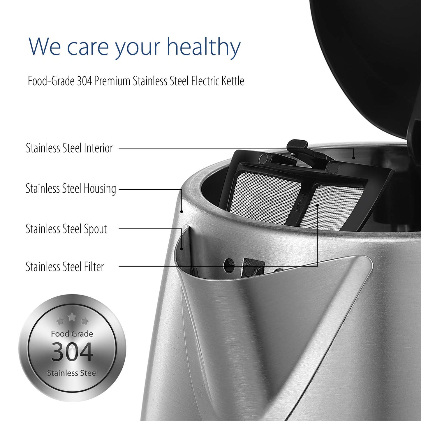 COMFEE' Stainless Steel Electric Kettle, 1.7L Tea Kettle Electric for Boiling Water, Hot Water Kettle 1500W Fast Boil with LED Light, Auto Shut-Off and Boil-Dry Protection COMFEE'