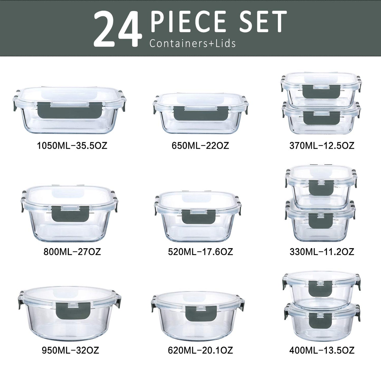 M MCIRCO 24-Piece Glass Food Storage Containers with Snap Locking Lids,Glass Meal Prep Containers Set - Airtight Lunch Containers, Microwave, Oven, Freezer and Dishwasher - Available at All In One Marketplace Canada