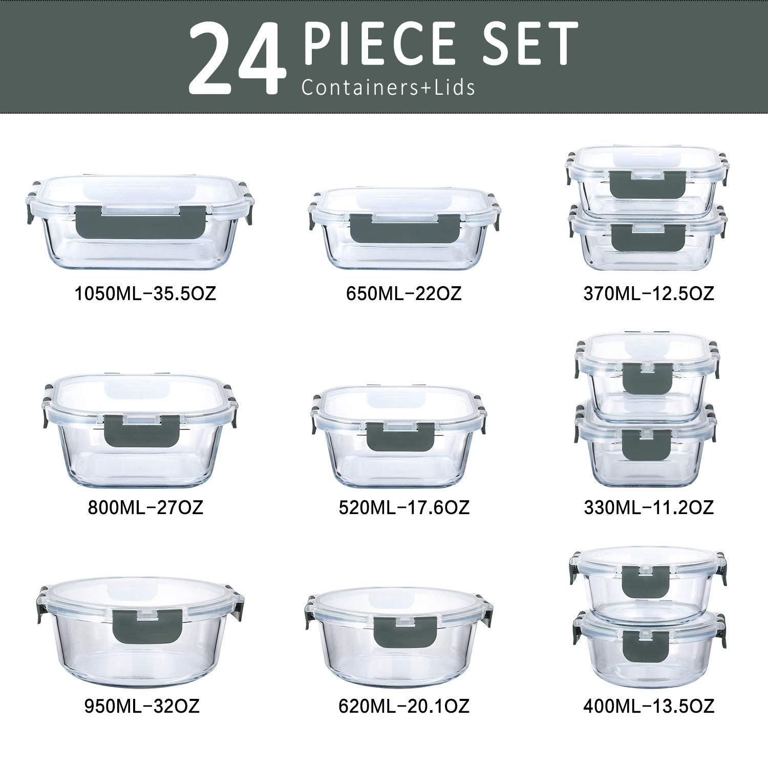 M MCIRCO 24-Piece Glass Food Storage Containers with Snap Locking Lids,Glass Meal Prep Containers Set - Airtight Lunch Containers, Microwave, Oven, Freezer and Dishwasher - Available at All In One Marketplace Canada